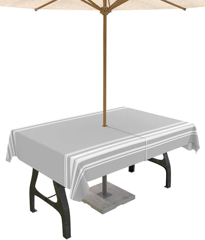QueenKer Outdoor Tablecloth with Umbrella Hole, Farmhouse Gray White Stripe Rectangle Tables Waterproof Tabletop Collection for Patio, Garden, Picnic, Camping, Dining 60 x 84 inch