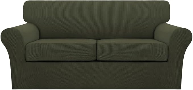 Turquoize 3 Piece Sofa Covers for 2 Cushion Couch Sofa Slipcover Soft Couch Cover for Dogs-Washable Sofa Furniture Cover with 2 Individual Cushion Covers, Feature Fabric (2 Cushion Sofa, Olive)