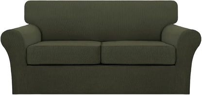 Turquoize 3 Piece Sofa Covers for 2 Cushion Couch Sofa Slipcover Soft Couch Cover for Dogs-Washable Sofa Furniture Cover with 2 Individual Cushion Covers, Feature Fabric (2 Cushion Sofa, Olive)