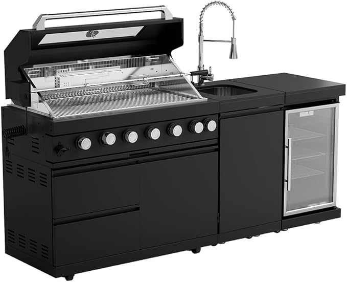 Outdoor Kitchen Island Barbecue Grill with Refrigerator & Rotisserie, Heavy-Duty Stainless Steel Freestanding Grills Station, Weather-Resistant Cooking Cabinet for Backyard & Summer Propane Gas