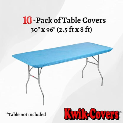 10 Pack of Rectangular Plastic Table Covers - 6' Foot or 8' Foot Options - Indoor or Outdoor Fitted Table Covers (Table NOT Included) (Light Blue, 30" x 96" (8' ft))