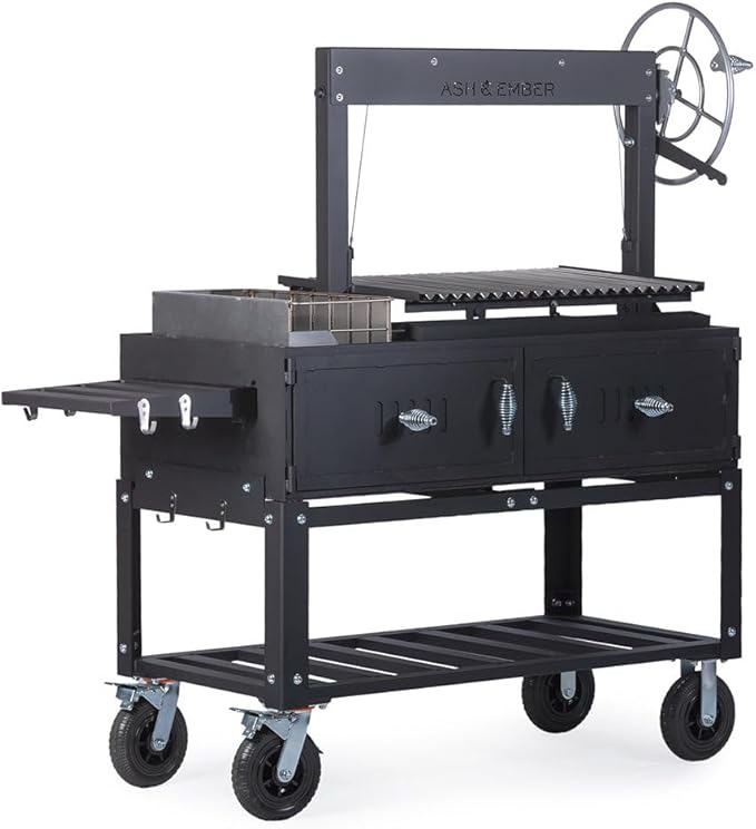 Ash & Ember Santa Maria Grill with Brasero Charcoal Chamber, Wood & Charcoal Argentine Grill with Ceramic Brick Lining, BBQ Grill with Hand Wheel for Adjustable Heat Control, Bottom & Side Shelf