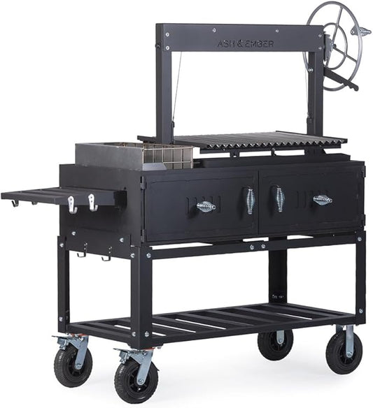 Ash & Ember Santa Maria Grill with Brasero Charcoal Chamber, Wood & Charcoal Argentine Grill with Ceramic Brick Lining, BBQ Grill with Hand Wheel for Adjustable Heat Control, Bottom & Side Shelf