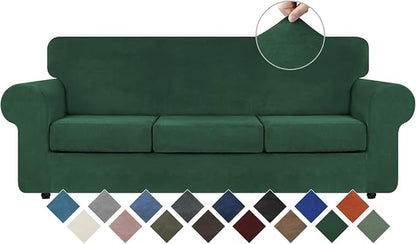 WEERRW 4 Pieces Couch Cover for Sofa Velvet Sofa Covers, Emerald Green | Washable Sofa Covers for 3 Cushion Couch Furniture Protector Sofa Slipcover with Non Slip Elastic Bottom, Pet Friendly, Large