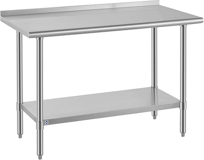 ROCKPOINT SS304 Top All Stainless Steel Table for Prep & Work with Backsplash 24x48 Inches, NSF Commercial Kitchen Heavy Duty Table with Adjustable Undershelf for Restaurant,Kitchen, Home and Hotel