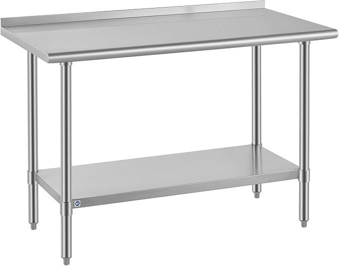 ROCKPOINT All Stainless Steel Perp Table with Backsplash 24x48 Inch, Commercial Heavy Duty Table with Stainless Legs & Adjustable Undershelf, 830 lb Capacity for Restaurant,Home and Outdoor Kitchens