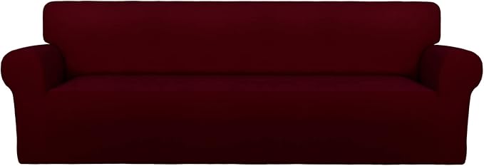 PureFit Stretch Couch Covers for Sofa 4 Seater Slipcovers Wine | 1-Piece Sofa Cover Washable Soft Couch protector, Couch Slipcover with Non Skid Foam and Elastic Bottom for Kids, Dogs