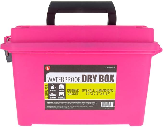 SE Waterproof Dry Box with Detachable Lid – 14" x 7.5" x 8.67" Pink Storage Case with Rubber Gasket Seal, Snap Closures & Handle for Camping, Boating, Fishing Gear & Outdoor Protection