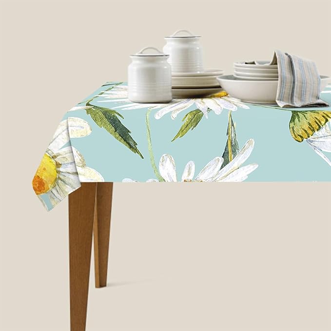 Decorative Rectangle Table Cloths Watercolor Floral Daisy White Chamomile Plant Green Tablecloth Table Cover for Dining/BBQ/Picnic/Coffee Table 52 X 70 Inches