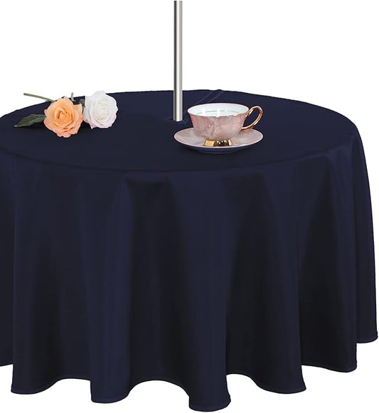 Fitable Outdoor and Indoor Tablecloth, Navy, 60 Inches Round | Washable Waterproof Wrinkle Free Table Cover, Zipper and Umbrella Hole, For Spring Summer Party Picnic Camping Patio