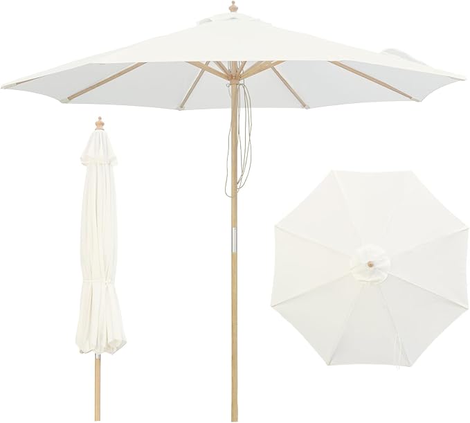 9FT/10FT Wood Patio Umbrella, Large Outdoor Table Pool Umbrella | 205G Olefin/180G Polyester Fabric, Push-Pull Operation Market Umbrella, 8 Rib Vented Canopy, Ideal for Patio, Backyard