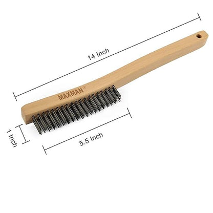 MAXMAN Wire Brush, Heavy Duty Carbon Steel and Stainless Steel Wire Brushes for Cleaning Rust, Grill, Paint Removal, Welding, Stiff Bristle Metal Brush with 14" Long Beech Wood Handle, Large, 2Pcs | Long Beech Wood Handle, Heavy Duty Wire Brushes for C...