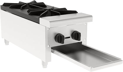 Commercial 2 Burner Countertop Stove Range, NG/LP Convertible, Stainless Steel Hot Plate with Cast Iron Grates, 56,000 BTU Professional Restaurant Foodservice Cooking Equipment Cooker