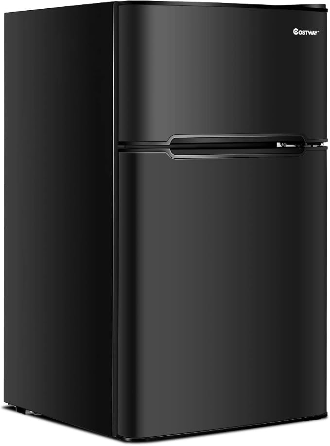 COSTWAY 3.2 Cu.ft. Mini Fridge with Freezer for Bedroom, Dorm, Office | Small Compact Refrigerator with Reversible 2-Door, Adjustable Temperature, LED Lights, Removable Glass Shelves, Black