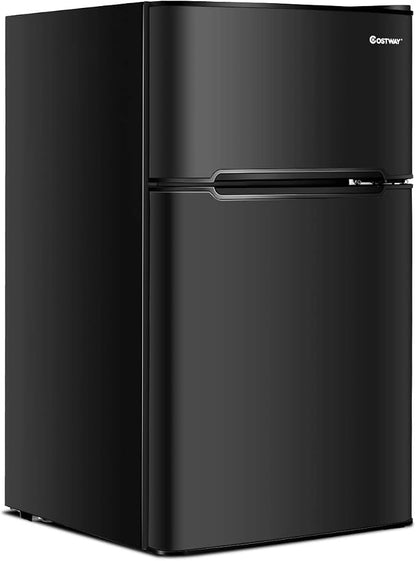 COSTWAY 3.2 Cu.ft. Mini Fridge with Freezer for Bedroom, Dorm, Office | Small Compact Refrigerator with Reversible 2-Door, Adjustable Temperature, LED Lights, Removable Glass Shelves, Black