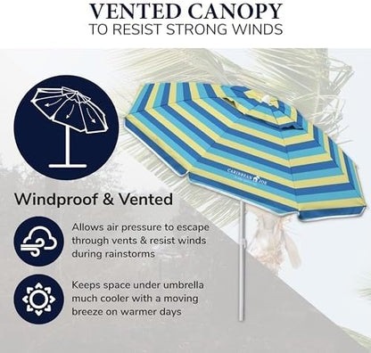 Caribbean Joe Beach Umbrella, Portable and Adjustable Tilt Sun Umbrella with UV Protection, Vented Canopy, Full 6.5 ft Arc