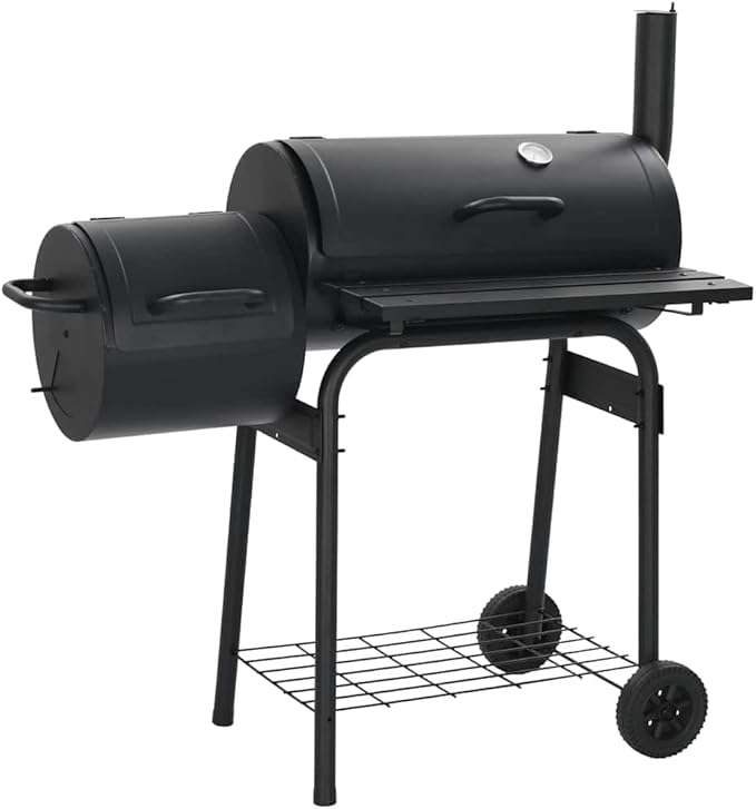 Offset Smoker BBQ Grill Charcoal Smoker for Outdoor Cooking with Side Firebox and Integrated Thermometer, Black Steel Barbecue Smoker
