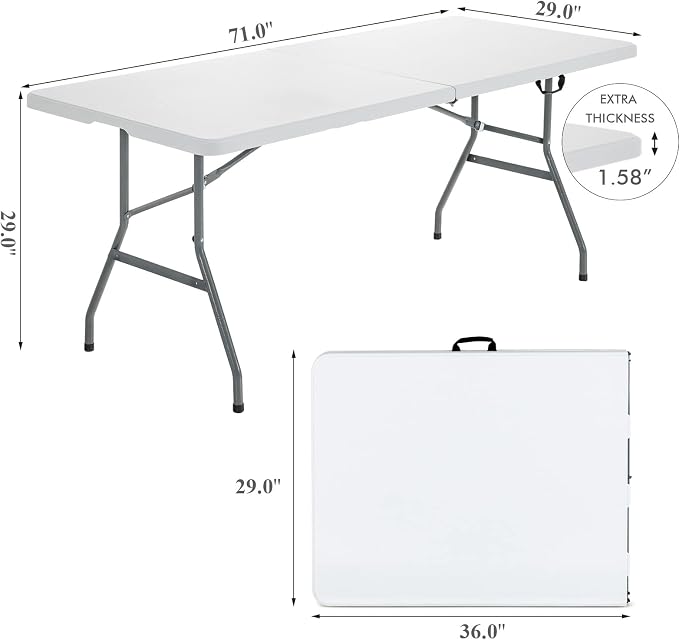 Goplus Folding Tables, 6ft Foldable Plastic Card Table, Portable Heavy Duty Fold Up Table w/Handle, White Outdoor Utility Folding Table for Picnic, Party, Dining, Camping, Beach, BBQ, No Assembly