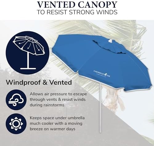 Caribbean Joe Beach Umbrella, Portable and Adjustable Tilt Sun Umbrella with UV Protection, Vented Canopy, Full 6.5 ft Arc