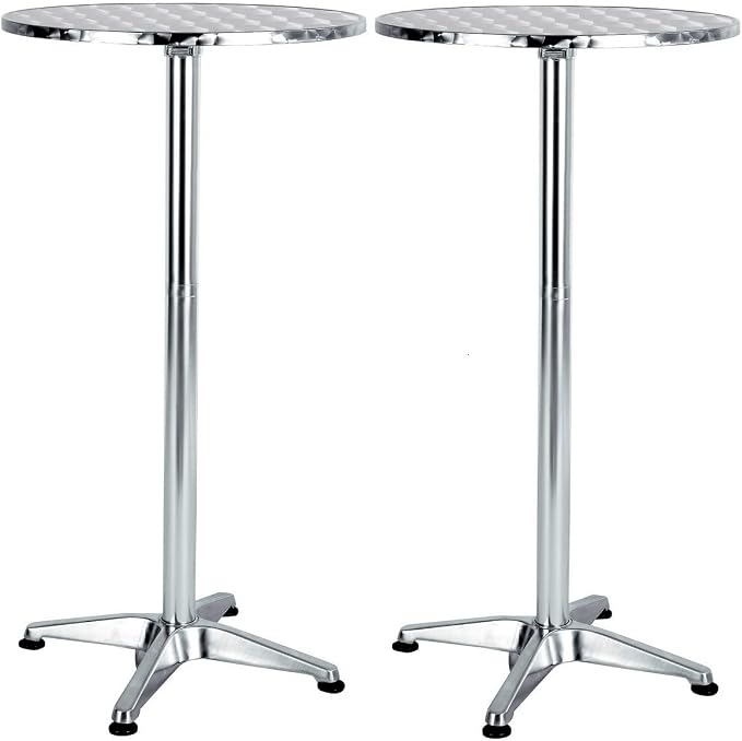 Set of 2, Aluminum Indoor Outdoor 23.75" Round Restaurant Bar Height 45" Table flip top, Patio Stainless Steel Silver Furniture 25.75" Base
