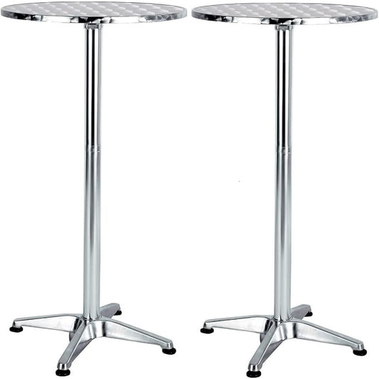 Set of 2, Aluminum Indoor Outdoor 23.75" Round Restaurant Bar Height 45" Table flip top, Patio Stainless Steel Silver Furniture 25.75" Base