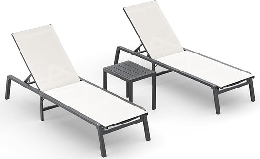 Ciokea Aluminum Foldable Lounge Chairs Set of 2 with 1 Outdoor Aluminum Side Table ，Perfect Match ，Suitable for Courtyard, Balcony, Lawn and Other Scenes，White