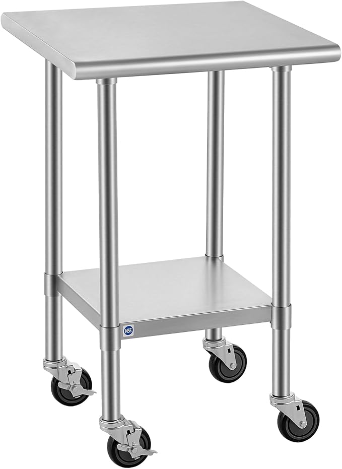 ROCKPOINT All Stainless Steel Prep Table with Caster 24x24 Inch, Commercial Heavy Duty Workbench with Stainless Legs & Adjustable Undershelf, 670 lb Capacity for Outdoor Kitchens with Wheel