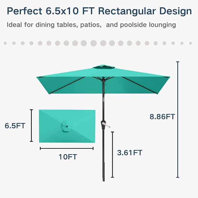 6.5' x 10' Rectangular Patio Umbrella Large Outdoor Market Umbrella w/ UV Protection, Push Button Tilt and Crank Lift, Rectangle Table Umbrella for Garden, Deck, Pool, Patio, Turquoise Blue