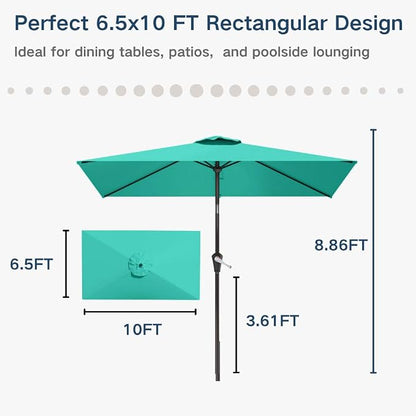 6.5' x 10' Rectangular Patio Umbrella Large Outdoor Market Umbrella w/ UV Protection, Push Button Tilt and Crank Lift, Rectangle Table Umbrella for Garden, Deck, Pool, Patio, Turquoise Blue