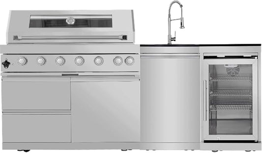 85 Inches 6-Burner 85,000 BTU Deluxe Stainless Steel Propane Gas Grill Outdoor Kitchen Island,Sink,Beverage Refrigerator Storage & Rotisserie Kit for Patio Backyard Cooking,Silver