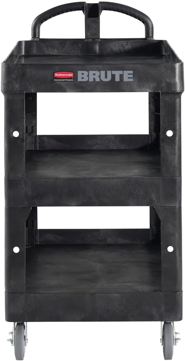 Rubbermaid Commercial Brute 3-Shelf Heavy-Duty Utility/Service Cart, Medium, High Storage, Lipped Shelves, Ergonomic Handle, 600 lb. Capacity, Ideal for Warehouse/Garage/Cleaning/Maintenance/Office