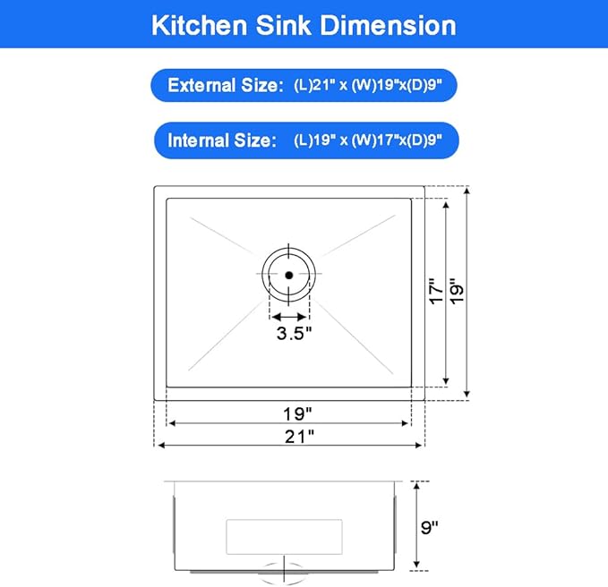 21 x 19 Inch Undermount Kitchen Bar Sink, Handmade Single Bowl 304 Stainless Steel Wet RV Sinks, Indoor and Outdoor Deep Kitchen Laundry Basin with Accessories