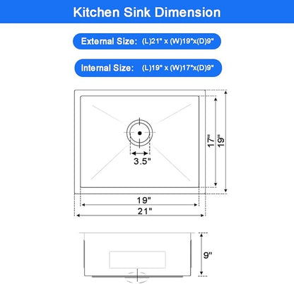 21 x 19 Inch Undermount Kitchen Bar Sink, Handmade Single Bowl 304 Stainless Steel Wet RV Sinks, Indoor and Outdoor Deep Kitchen Laundry Basin with Accessories