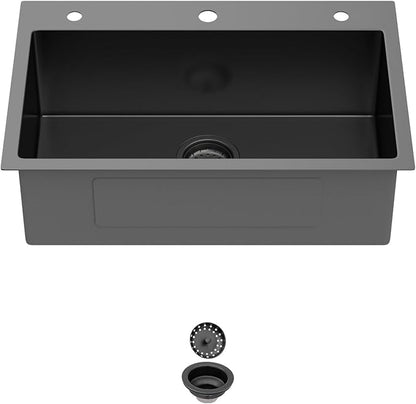 28 Inch Gunmetal Black Drop In Kitchen Sink 28 x 18 Kitchen Sink 18 Gauge Stainless Steel Single Bowl Topmount Sink with Nano Coating, 28x18x9