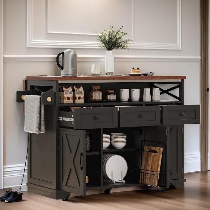 Bellemave 46.5" Farmhouse Kitchen Island cart with Charging Station and with Drape of Beads, Rolling Kitchen Island Table with Drop-Leaf, 3 Drawers, Black