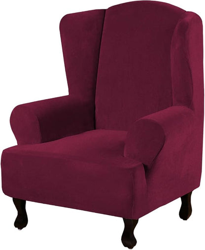 H.VERSAILTEX Wingback Chair Covers Velvet Plush Wing Chair Slipcover 1 Piece High Stretch Wing Back Chair Slipcovers Sofa Cover Furniture Cover with Elastic Bottom, Burgundy