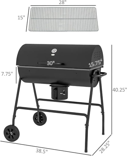 Portable Charcoal Grill with Wheels, 420 Sq in Large BBQ Grill with Thermometer & Adjustable Vents, Barrel Grill with Ash Catcher & Warming Rack for Backyard, Tailgating, Patio