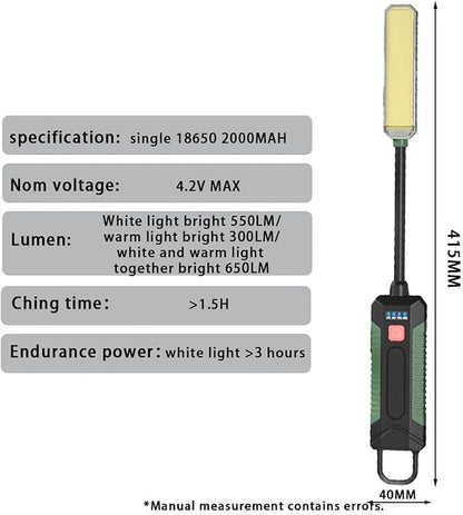 360° Flexible LED Camping Light, COB Work Lamp with Magnetic Base, 550-600 Lumens USB Rechargeable, Rainproof BBQ Barbecue and Car Repair, Green(W07-B)