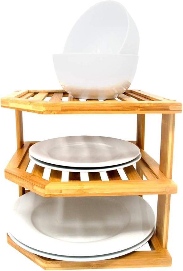 Trademark Innovations Bamboo Kitchen Counter Corner Shelf 3 Tier Plate Rack