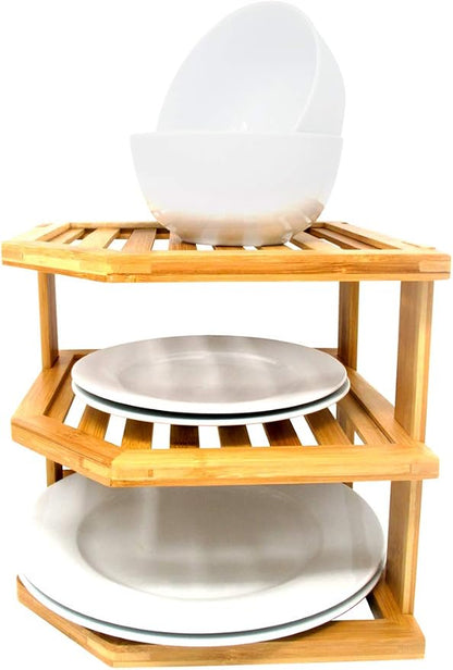 Trademark Innovations Bamboo Kitchen Counter Corner Shelf 3 Tier Plate Rack