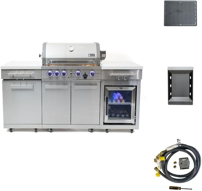 Mont Alpi Premium 70"W x 24"D x 46"H Stainless Steel Outdoor Kitchen Island with Refrigerator + 32"W 4-Burner BBQ Grill + Accessory Bundle - Natural Gas Conversion Kit + Griddle Plate + Charcoal Tray