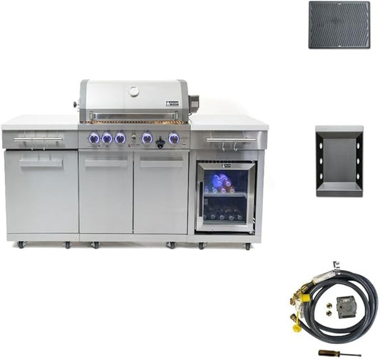 Mont Alpi Premium 70"W x 24"D x 46"H Stainless Steel Outdoor Kitchen Island with Refrigerator + 32"W 4-Burner BBQ Grill + Accessory Bundle - Natural Gas Conversion Kit + Griddle Plate + Charcoal Tray