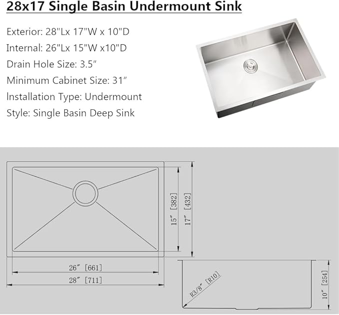 Undermount Kitchen Sink,Jshozzy 28x17 Stainless Steel Kitchen Sink Undermount 16 Gauge Handmade 10" Deep Single Bowl Sink