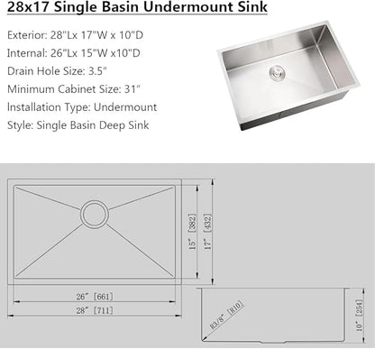 Undermount Kitchen Sink,Jshozzy 28x17 Stainless Steel Kitchen Sink Undermount 16 Gauge Handmade 10" Deep Single Bowl Sink