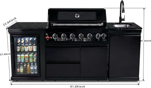 82" Outdoor Kitchen Island,6-Burner Propane Grill – Stainless Steel with Rotisserie Oven,Refrigerator,Granite Countertops & Sink.BBQ Grill Total 85,000 BTU.(Black,Propane)