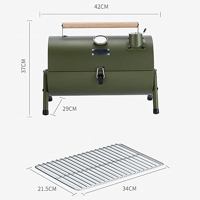 Portable Barbecue Grill Stainless Steel Barrel Charcoal BBQ Grill with Thermometer Features Side Vents and Wooden Carry Handle for Beach Outings, Garden, Party or Camping Trip (Color : Green)