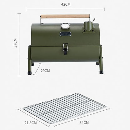 Portable Barbecue Grill Stainless Steel Barrel Charcoal BBQ Grill with Thermometer Features Side Vents and Wooden Carry Handle for Beach Outings, Garden, Party or Camping Trip (Color : Red)