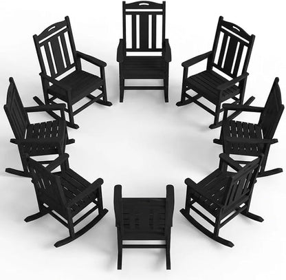 Ciokea Oversized Outdoor Rocking Chairs Set of 8, 380lbs Heavy-Duty Large Patio Rocker, High Back Cozy Porch Chairs, Weather Resistant Patio Rocking Chairs for Outside, Fire Pit, Deck, Black