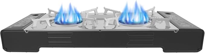 2-Burner Butane Stove, Portable Camping Stove with Grill Tray, Automatic Ignition, Outdoor Travel Camp Stove with Carry Case & Push-Button for Camping Tailgating (With Grill Tray-B)