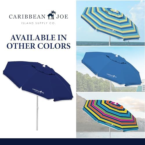 Caribbean Joe Beach Umbrella, Portable and Adjustable Tilt Sun Umbrella with UV Protection, Vented Canopy, Full 6.5 ft Arc